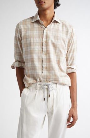 Eleventy Plaid Cotton Button-Up Shirt in Beige And Light Gray at Nordstrom, Size Xx-Large