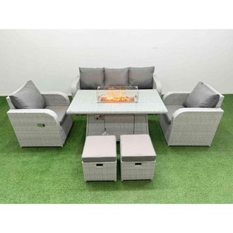 Fimous Pe Rattan Garden Furniture Set Reclining Chair Sofa Lounge Sofa Set Firepit Dining Table 2 Small Stools Light Grey - Fimous