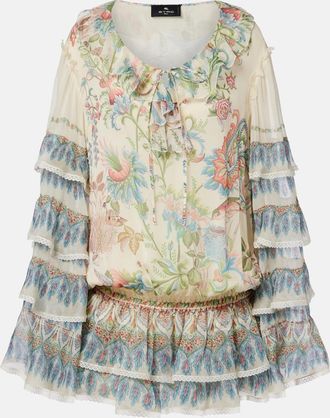 Etro Printed ruffled lace-trimmed silk minidress