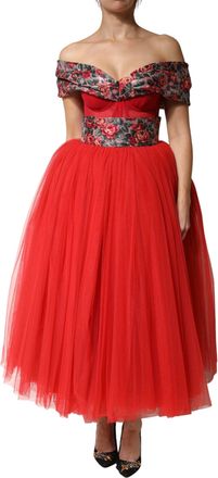Dolce & Gabbana Womens Floral Off-Shoulder Dress Red Polyester Film Fiber