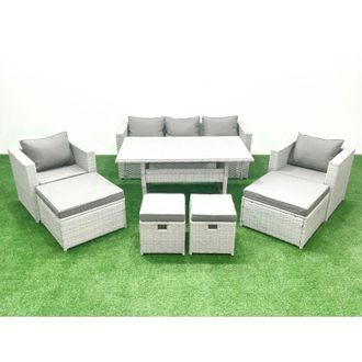 Fimous Rattan Garden Furniture Set Outdoor 9 Seater Patio Dining Sets with Glass Top Dining Table Light Grey Mixed - Fimous