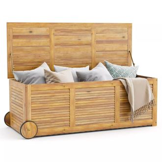 Costway Costway Outdoor Storage Box 180L Acacia Wooden Patio Storage Deck Box with Wheels in Natural