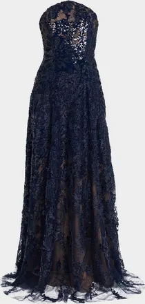 Rene Ruiz Strapless Floral Sequin A-Line Gown