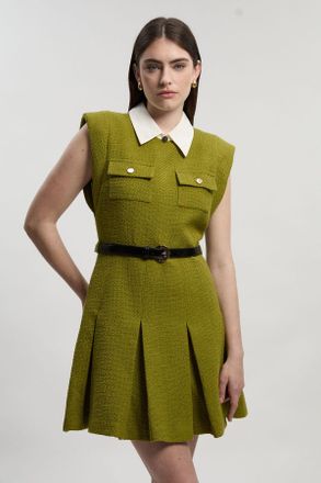 Karen Millen Womens Textured Tweed Contrast Collar Pleated Tailored Mini Dress - Green Cotton - Size 10 UK