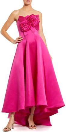 Mac Duggal Strapless Satin High Low Gown With 3D Flowers in Hot Pink at Nordstrom, Size 10