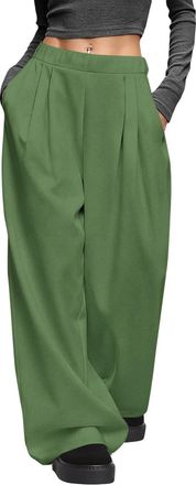 Generic Trousers for Women UK Casual Wide Leg Pleated Trousers with Pockets Solid Color Elastic Waist Pants Loose Lightweight Breathable Daily Wear Going Out 