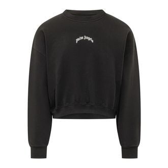 Palm Angels Curved Logo Crop Crew - Dames - Sweatshirts - Zwart - M - Katoen - Hoodies & sweatvesten