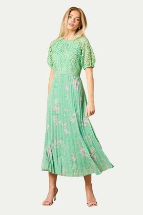 Oasis Floral Lace Bodice Pleated Midi Dress in Sage at Nordstrom, Size 4