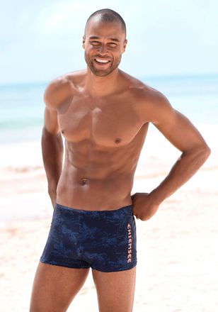 Chiemsee Boxer-Badehose CHIEMSEE, Herren, Gr. 4, N-Gr, blau (marine, bedruckt), Polyamid, Badehosen Boxer-Badehose, mit Print