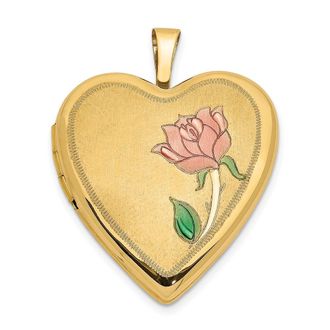 Diamond2Deal 14k Yellow Gold Pink and Green Enamel Rose 20mm Heart Locket