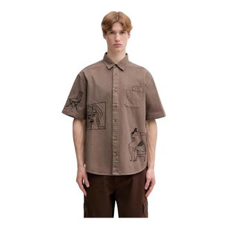 by Parra Crooked Face Korte Mouw Shirt - Heren - Korte mouwen Overhemden - Bruin - XL - Katoen - Overhemden