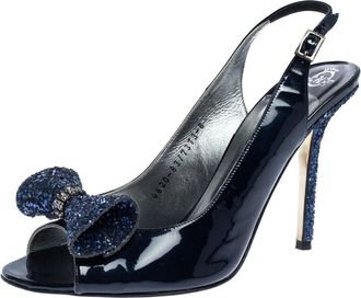 Gina Gine Blue Patent Leather And Glitter Bow Embellished Slingback Open Toe Sandals