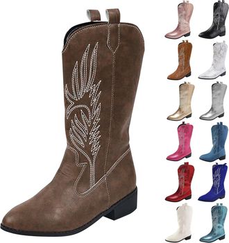 Generic Cowboy Boots, Mid Calf Cowboy Boots for Women Waterproof Embroidery Stitched Western Retro Wide Calf Cowgirl Boot Low Chunky Heel Pointed Toe Shoes