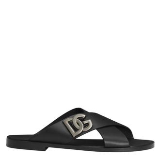 Dolce & Gabbana Zwarte Logo Kalfsleren Sandalen - Heren - Sandalen - Zwart - 39 EU - Leer - Schoenen