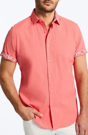 Robert Graham Thresher Classic Fit Solid Short Sleeve Cotton Seersucker Button-Up Shirt in Coral at Nordstrom Rack, Size Xxx-Large