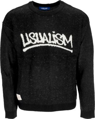 Usual Zwarte trui met ronde hals en geborduurd logo - Heren - Ronde hals truien - Zwart - XL - Truien & Vesten