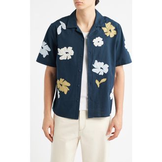 Wax London Didcot Floral Cotton & Linen Camp Shirt in Navy /Multi at Nordstrom, Size Xx-Large