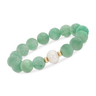 Ross-Simons 11-12mm Cultured Pearl and Carved Green Jade Chinese Dragon Bead Stretch Bracelet With 14kt Gold