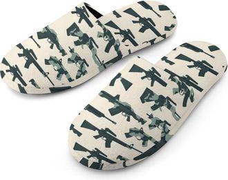 Generic Military Guns Mens Slippers Flannel Warm House Shoes with Rubber Anti-Slip Sole Slip On for Home Outdoor