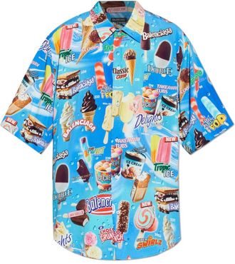 Balenciaga Pyjama Shirt - Heren - Korte mouwen Overhemden - Blauw - S - Satijn - Overhemden