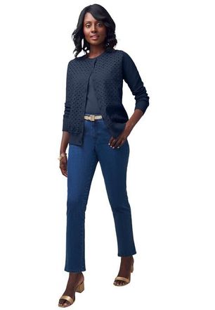 Jessica London Fine Gauge Eyelet Cardigan in Navy at Nordstrom, Size 28