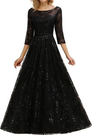 MisShow Womens Elegant Evening Dress, Sequin A line Tulle 3/4 Sleeve Round Neck Appliques Long Prom Dress Black 6