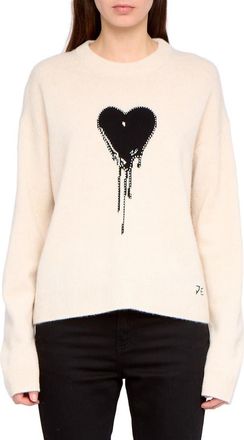 Zadig&Voltaire Markuz Embellished Heart Appliqu&eacute; Cashmere Crewneck Sweater in Eggshell at Nordstrom, Size X-Small