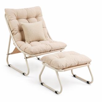 STILVORA Salotto Da Giardino 1 Posto In Acciaio Con Sedia A Sdraio, Pouf E Cuscino Comodo, Beige