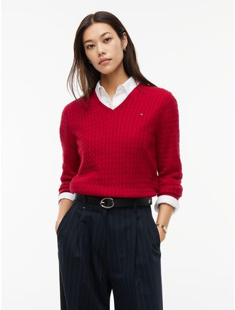 Tommy Hilfiger Womens Lightweight Cable Knit V-Neck Sweater - Raspberry Juice - XXS