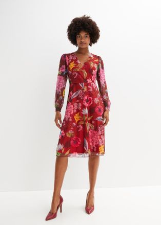 Bonprix Midikleid BONPRIX, Damen, Gr. 32/34 (XS), N-Gr, rot (bordeaux, pink floral), Obermaterial: 85% Polyester, 15% Elasthan. Futter: 100% Polyester, ausges