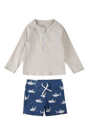Petit Lem Long Sleeve Rashguard & Shorts Set in Light Grey at Nordstrom, Size 18-24M