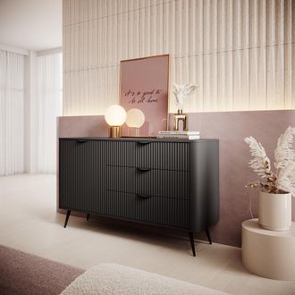Dmora Aparador Halilomo, Alacena Con 3 Cajones Y Un Estante, Puerta Abatible, Deslizante, 138x38x81h Cm Negro