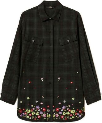 Twin-Set Dark Plaid Shirt With Floral Embroidery
