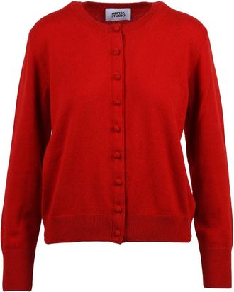 Alpha Studio Red Fabric-Covered Buttons Cropped Wool Cardigan