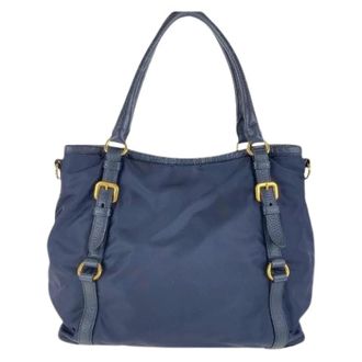 Prada Pre-owned Handbags, female, Blue, Size: ONE SIZE Pre-owned Nylon Leather Shoulder Handbag