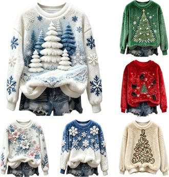 Generic Christmas Jumper Womens Funny Cute Cat Dog Printed Xmas Flannel Sweatshirt Oversized Fleece Fuzzy Xmas Jumper Christmas Themed Pullover Sweater Cozy F