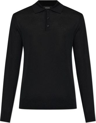 Dsquared2 Wool Polo Met Geborduurd Logo - Heren - V-hals truien - Zwart - M - Wol - Truien & Vesten