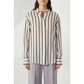 Brunello Cucinelli White Striped Relaxed Shirt, Size XXL
