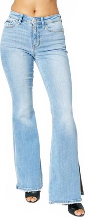 Judy Blue Mid Rise Raw Hem Slit Flare Jeans In Medium Wash