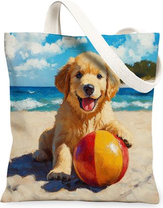 Generic Summer Cairn Terrier Dog Canvas Tote Bag for Shopping 13x15, Beach Coastal Beachy Puppy Reusable Grocery Print Bag for Women, Fun Pet Beach Aesthetic 