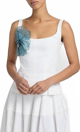 Lela Rose Peony Embroidered Cotton Poplin Scoop Neck Top In White/mallard