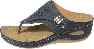 Generic Ladies Fashion Solid Leather Hollowed Out Carved Toe Clip Thick Sole Sandals Women Slippers (Blue, 7.5)