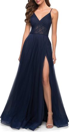 La Femme A Line Tulle Prom Dress with Sheer Bodice in Navy at Nordstrom, Size 00
