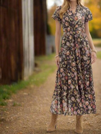 Entro Floral Puff Sleeve Midi Dress In Chocolate