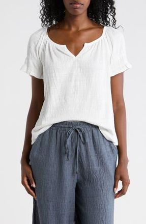 Max Studio Topstitched Puff Sleeve Crepe Top in White at Nordstrom Rack, Size X-Large
