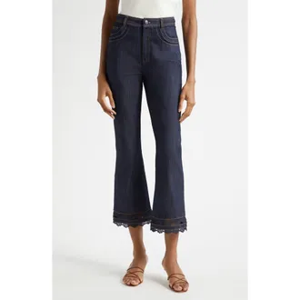 Cinq &agrave; Sept Guipure Lace Trim Cropped Flare Leg Jeans in Indigo at Nordstrom, Size 16