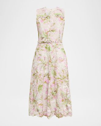Monique Lhuillier Printed Tulip Lace Sleeveless Belted Midi Dress