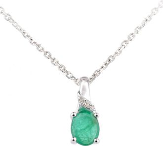 Diamant L'éternel Womens 9ct White Gold Emerald and Diamond Oval Gemstone Pendant Necklace - Size P 1/2