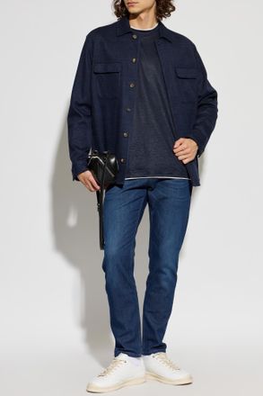 Eleventy Linen T-shirt With A Round Neckline, Mens, Navy Blue