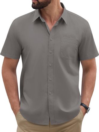 Heekpek TOMEEK Mens Short Sleeve Shirts Casual Regular Fit Dress Shirt Summer Business Work Formal Button Down Shirt Plain(Grey,XL)